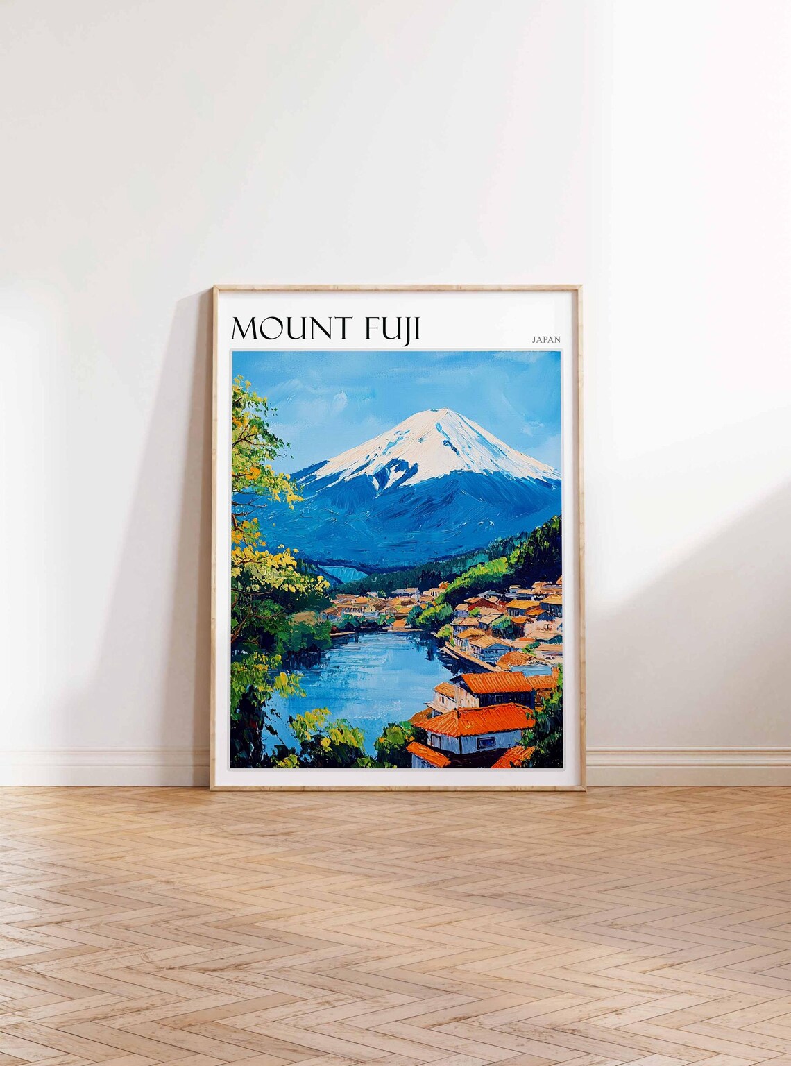 Mount Fuji Japan Lakeside Village with Red Tile Roofs Travel Poster - Image 4