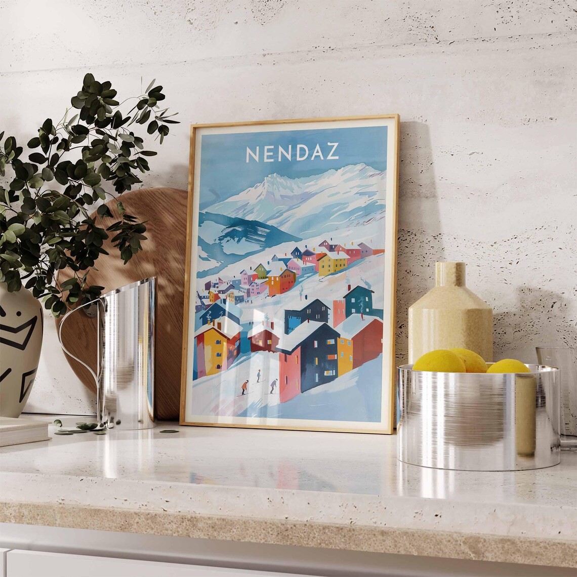 Nendaz Switzerland Bold Geometric Chalets Skiers Snow Peak Art Poster - Image 2