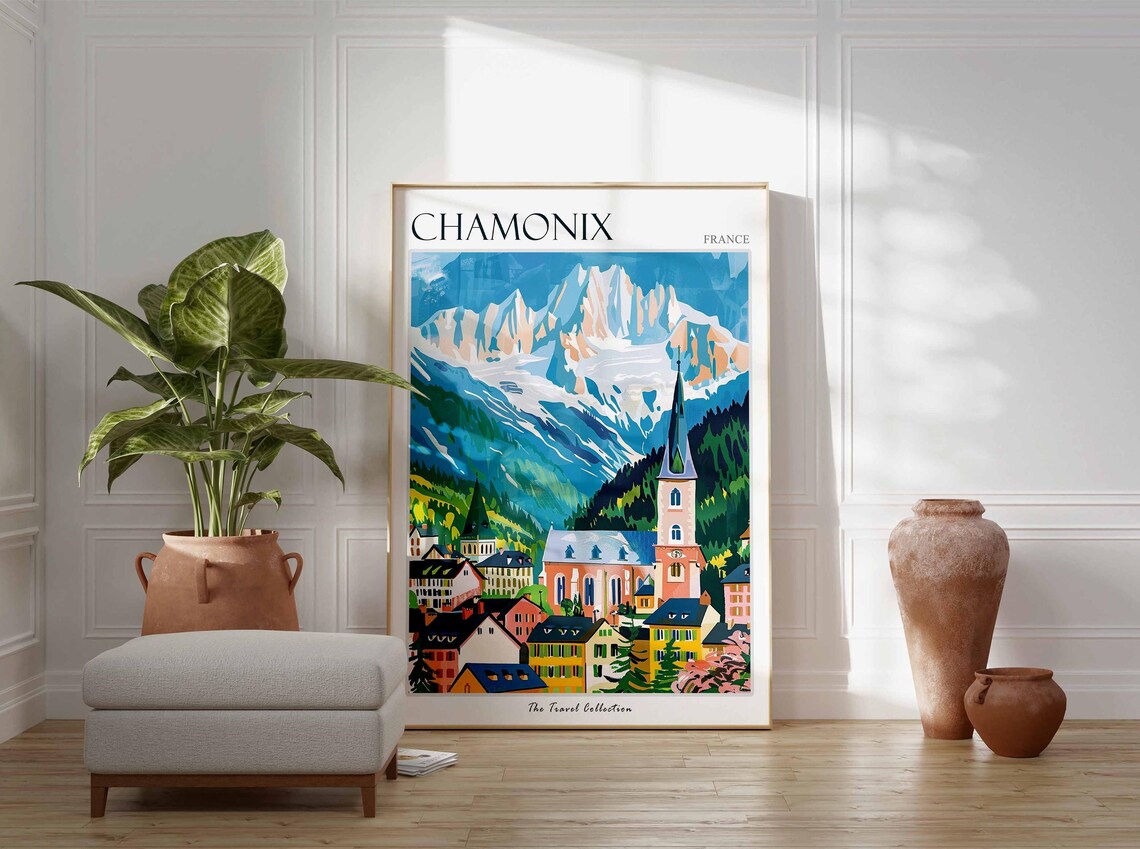 Chamonix France Church Tower Snowy Peaks Alpine Village Poster - Image 3