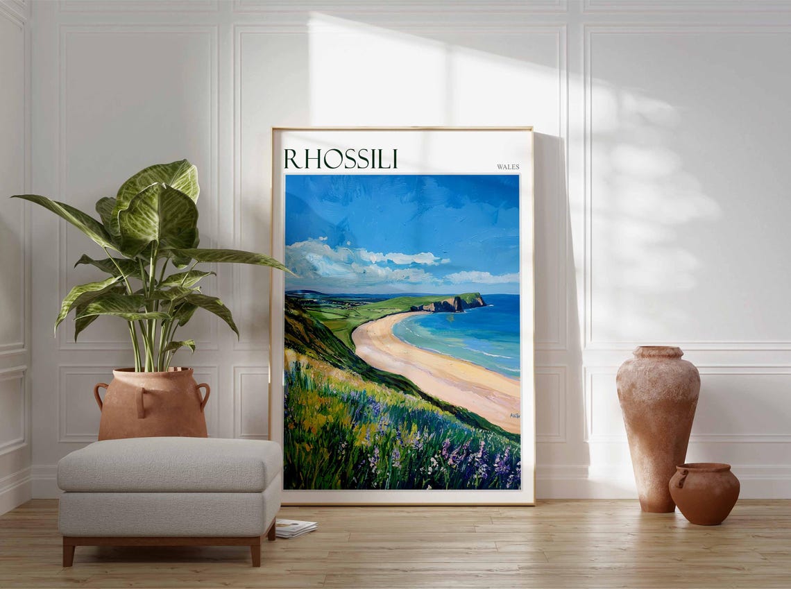 Rhossili Wales Flowering Clifftop Bay View Impressionist Poster - Image 4