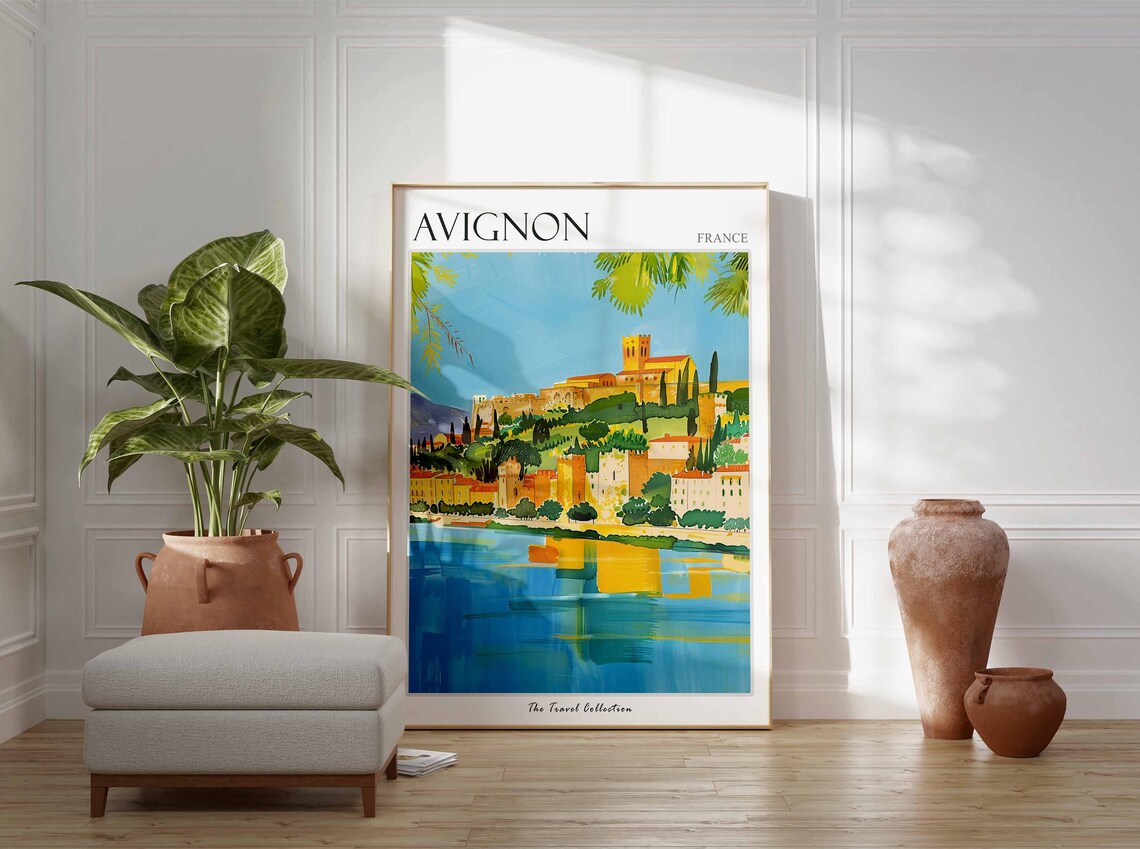 Avignon France Hilltop Palace Fortress River Golden Travel Poster - Image 3