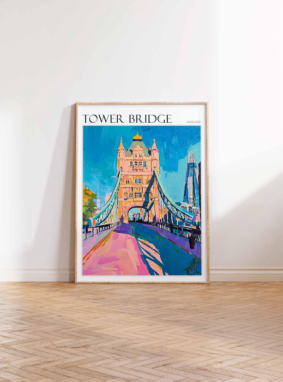 Tower Bridge Pink Walkway Shard London Skyline Painted Art Poster - Image 2