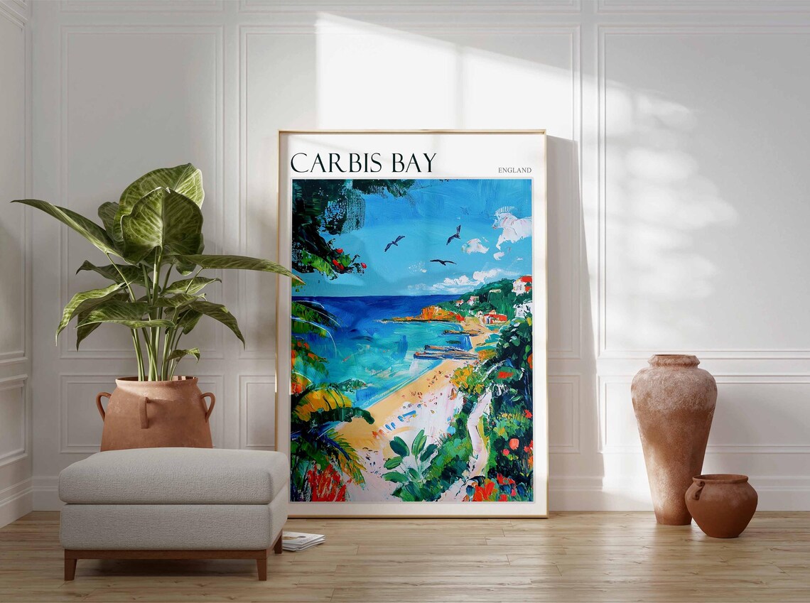 Carbis Bay England Tropical Beach Cove Birds Palm Frond Scenic Poster - Image 3