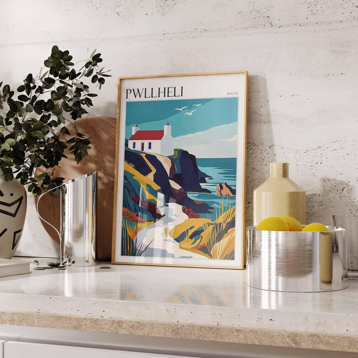 Pwllheli Wales White Cottage Red Roof Cliff Edge Seagulls Sea Poster - Image 3