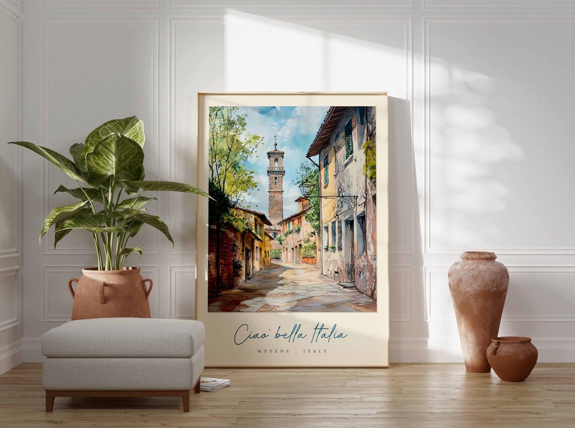 Modena Village Alley Bell Tower Watercolor Italy Travel Poster - Image 3