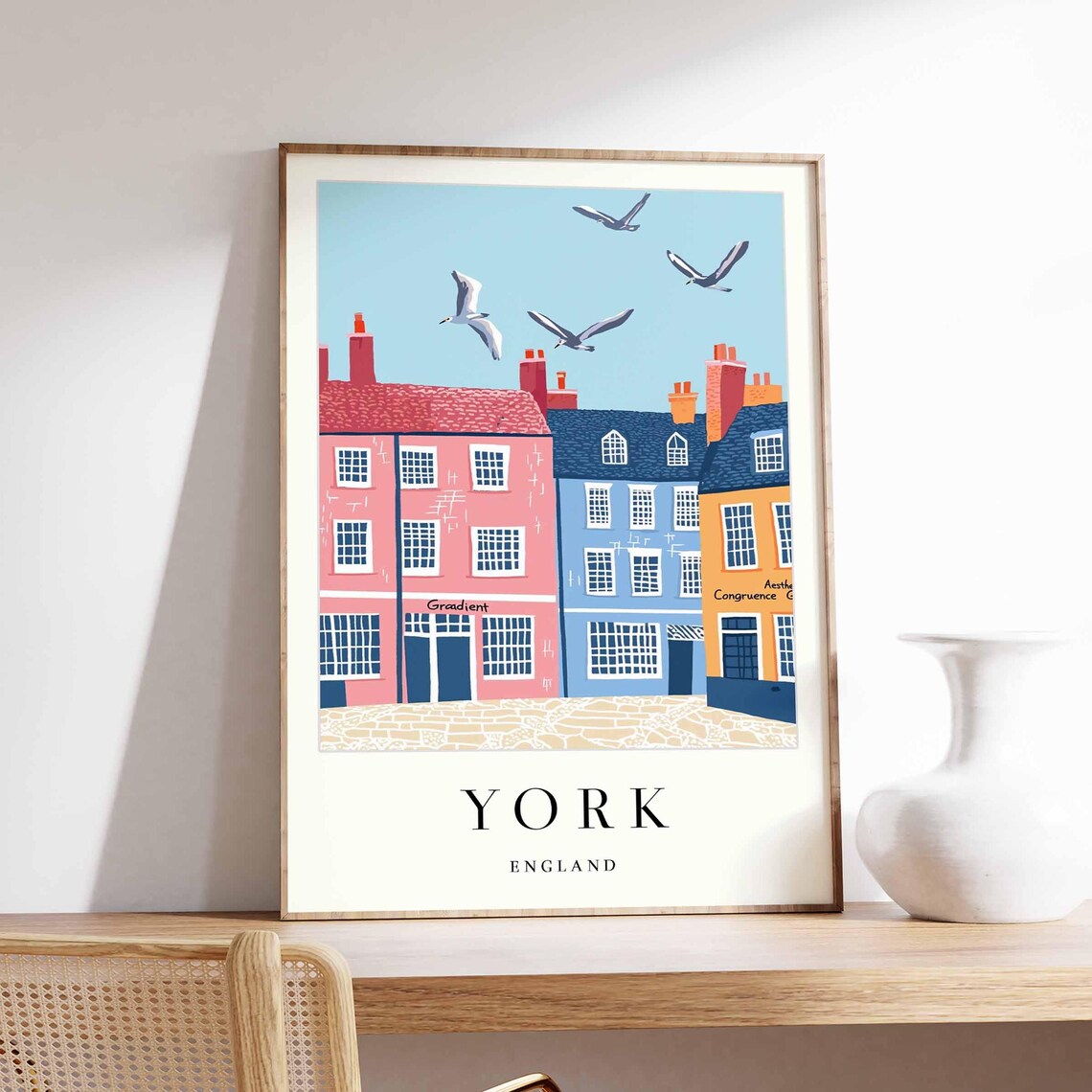York England Colorful Row Houses Seagulls Rooftop Cute Poster