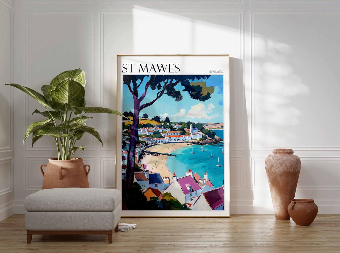 St Mawes England Sandy Beach Through the Trees and Sailboat Bay Poster - Image 2