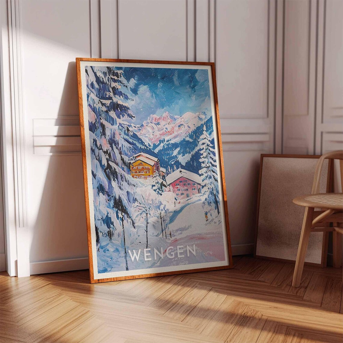 Wengen Switzerland Snowy Chalets Pink Peaks Winter Travel Poster - Image 3