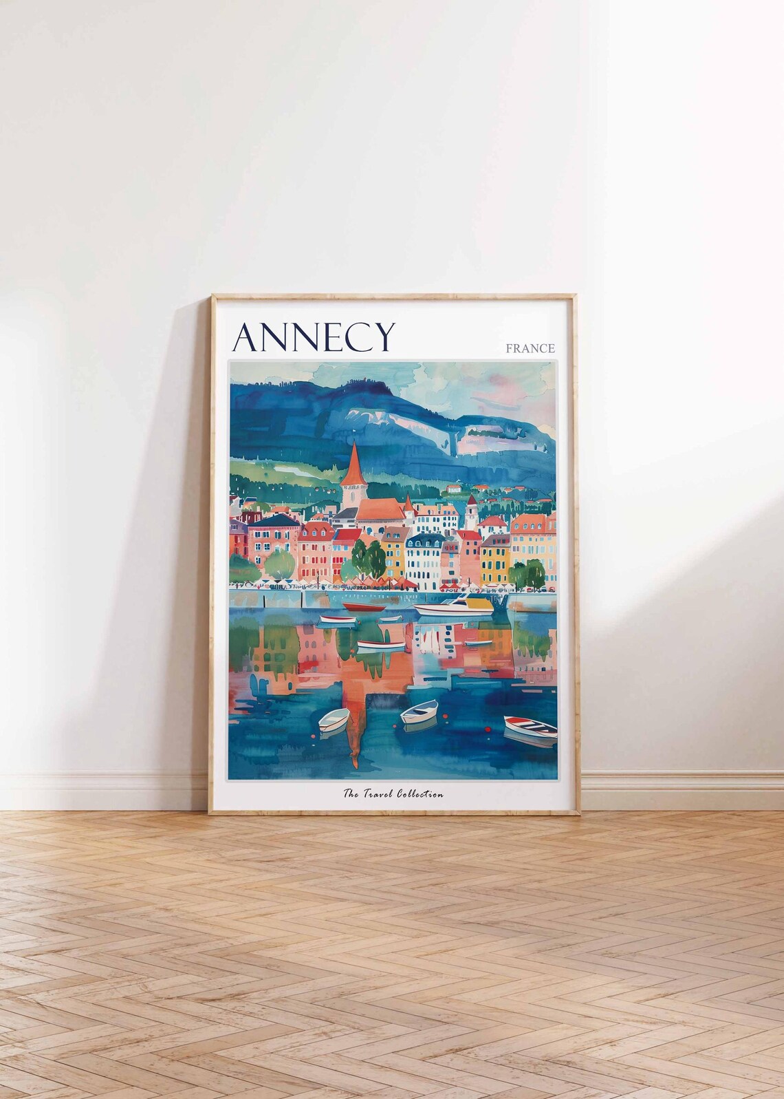 Annecy France Lakeside Harbor Boats Painted Mountain Travel Poster - Image 2