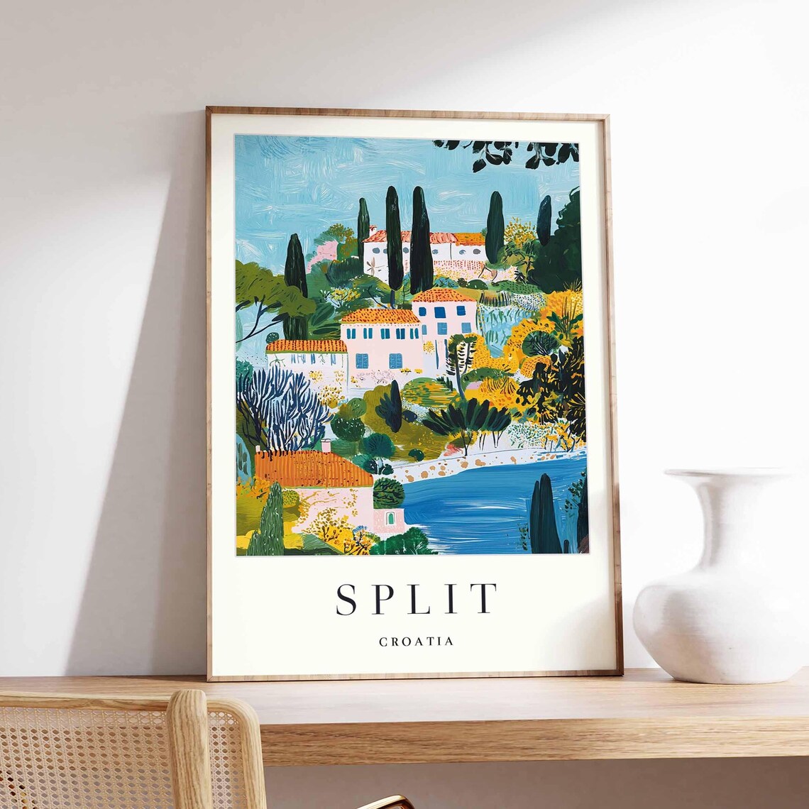 Split Croatia Lush Green Villas Cypress Trees Bay Art Travel Poster