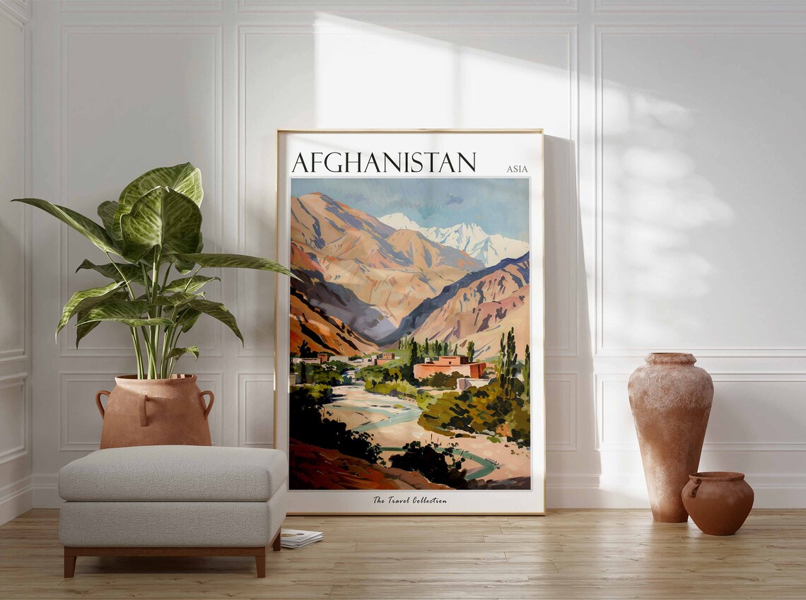 Afghanistan Asia Painted Mountain Valley Village Landscape Art Poster - Image 2