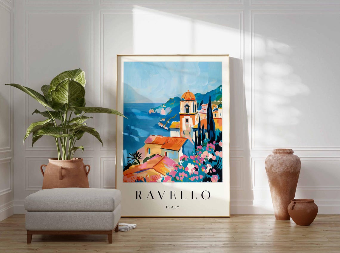 Ravello Italy Domed Bell Tower Cypress Trees Pink Flowers Sea Poster - Image 4
