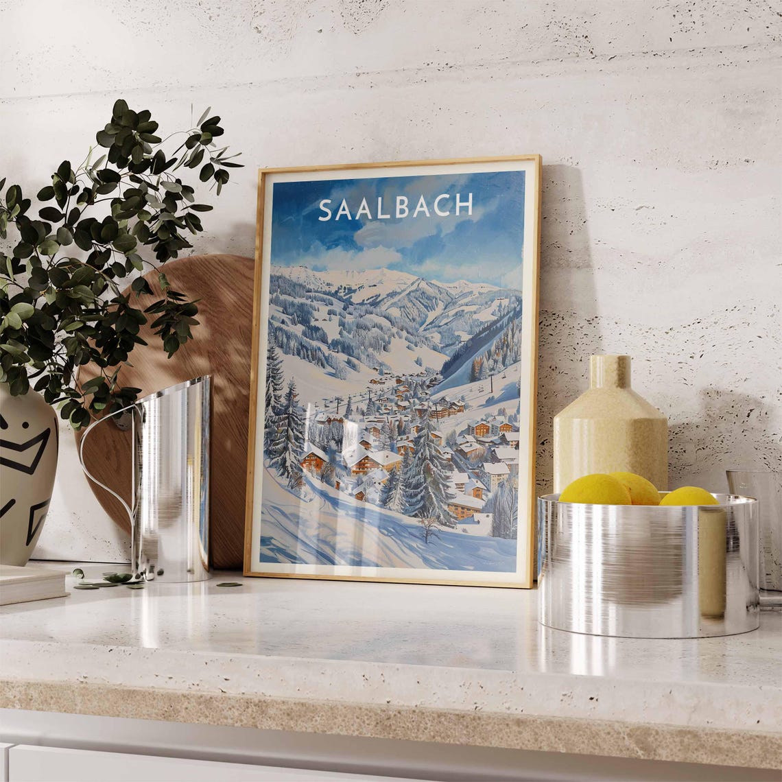 Saalbach Austria Vivid Blue Graphic Alpine Ski Village Poster - Image 2