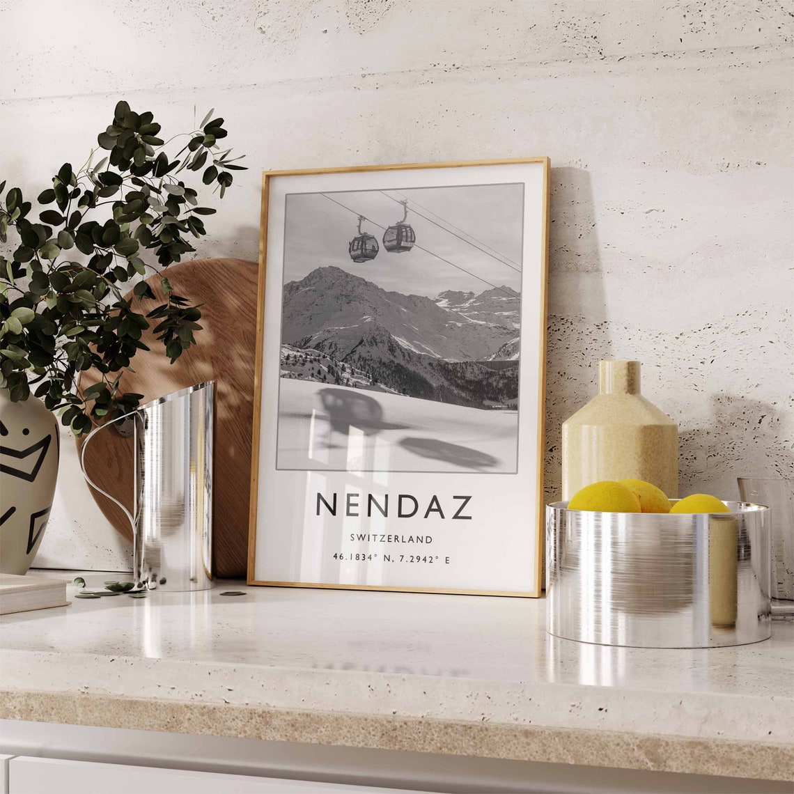 Nendaz Switzerland Black and White Gondola Snow Peaks Poster - Image 2