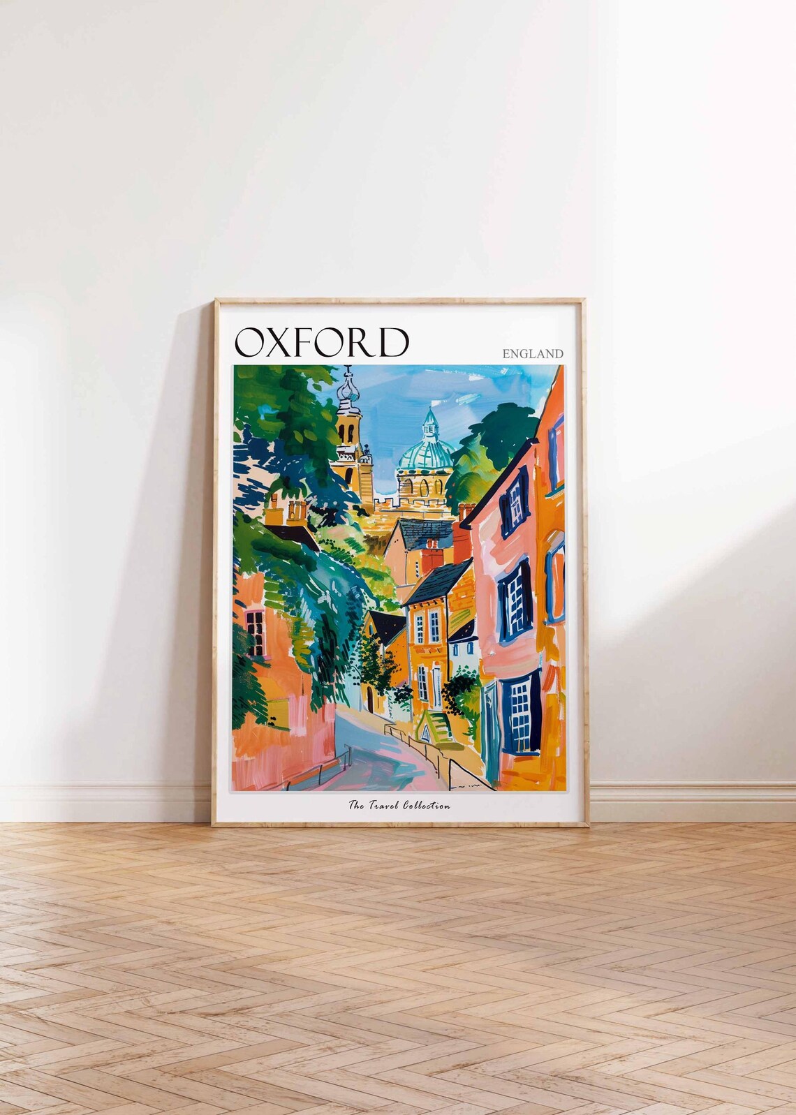 Oxford England Colorful Street Scene Church Towers Travel Poster - Image 2