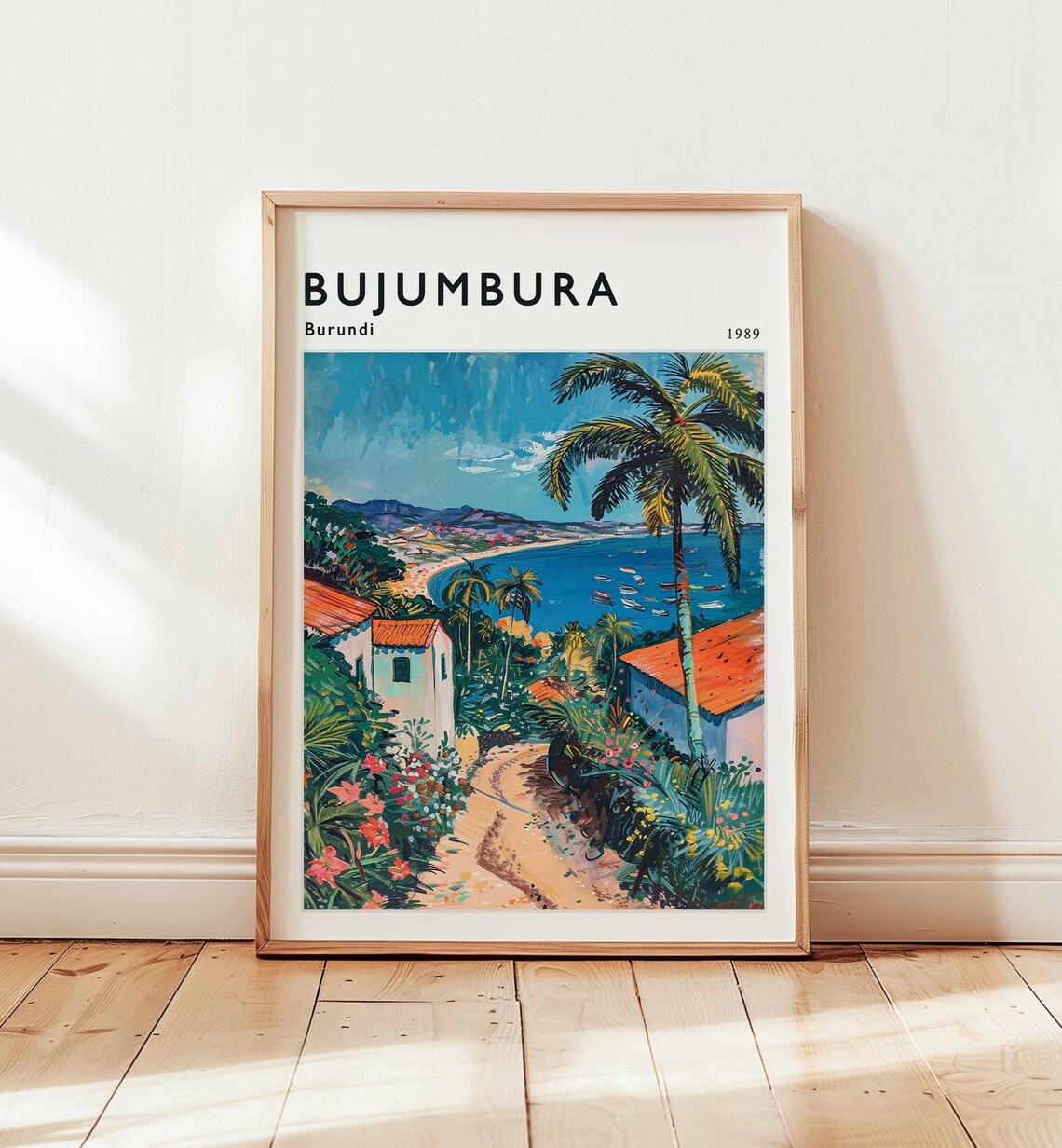 Bujumbura Burundi 1989 Lakeside Path Boats Bloom Painting Poster