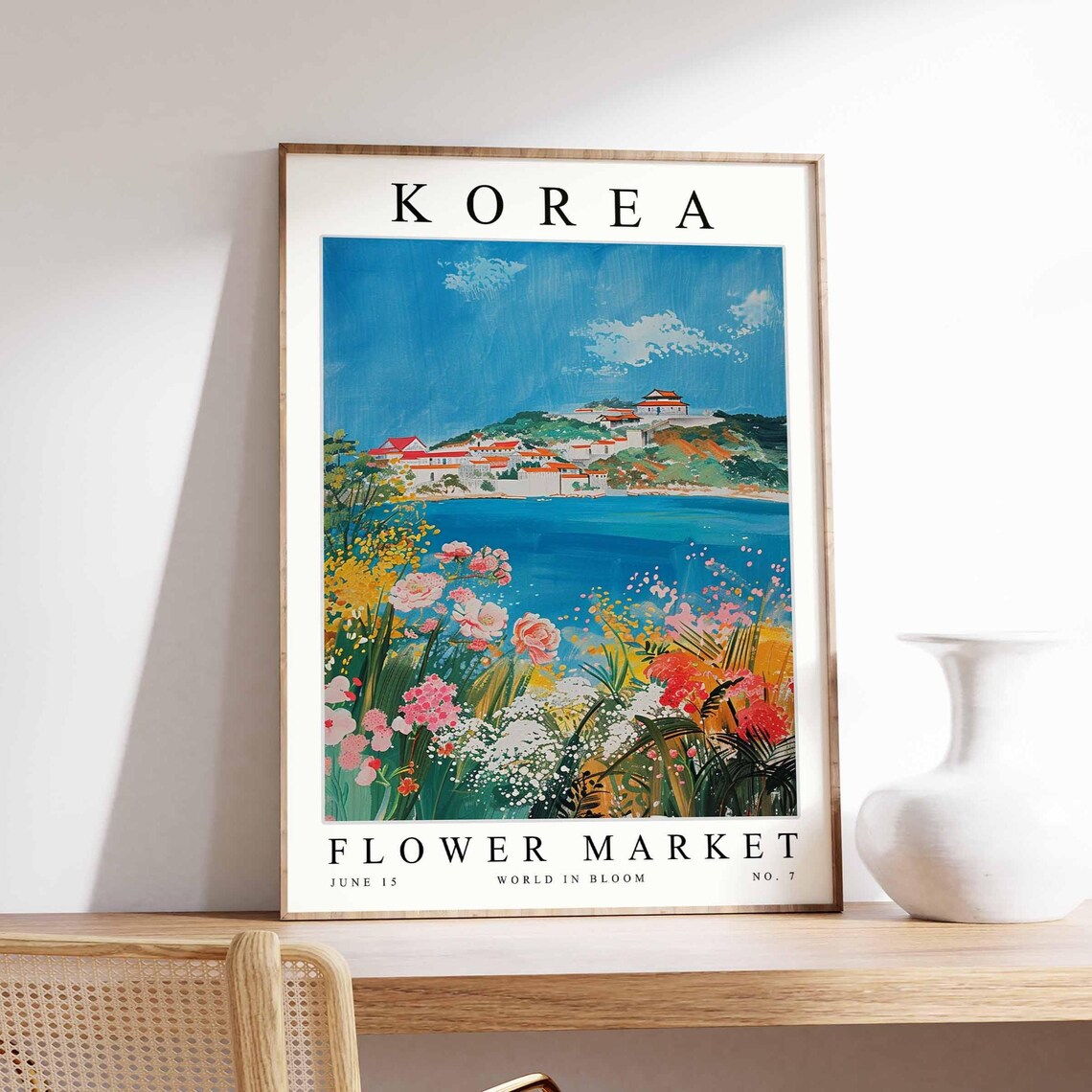 Korea Flower Market No 7 Coastal Town Garden Red Roofs Sea Poster