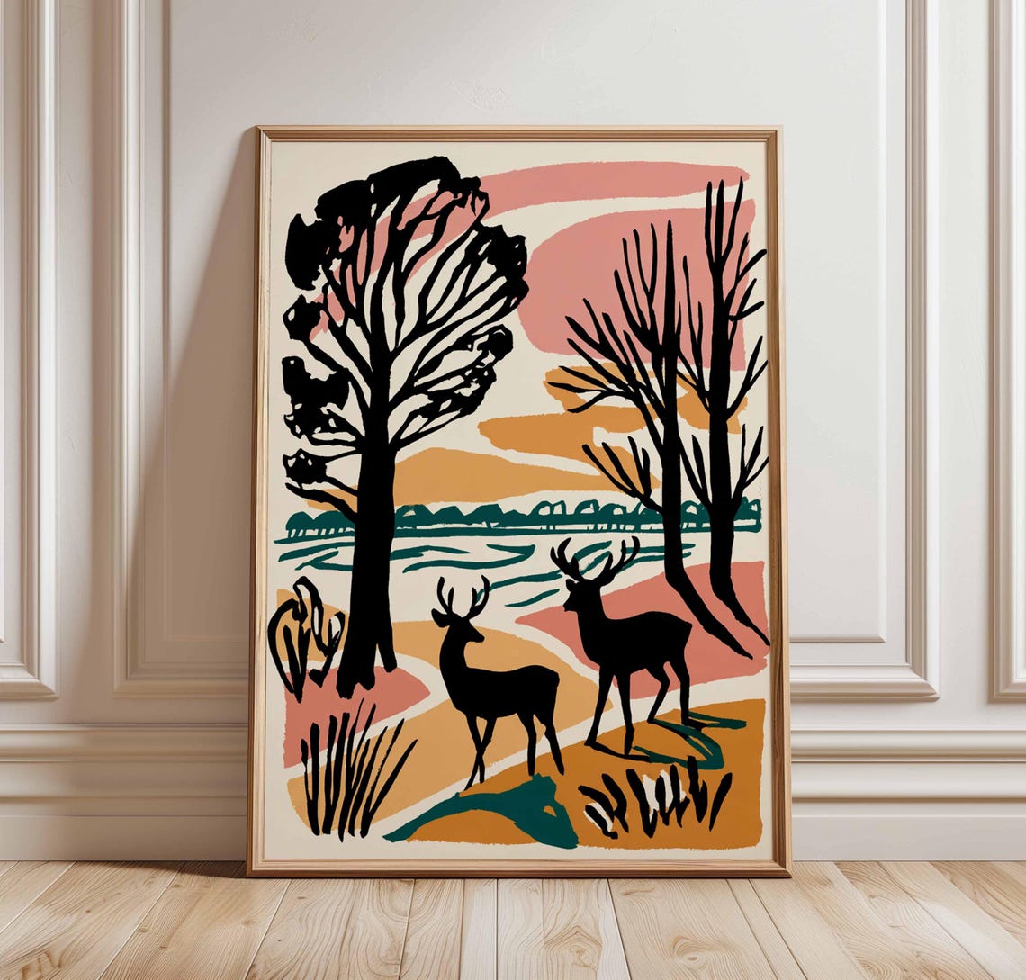 Graphic Deer by Lake Sunset Black Trees Linocut Wildlife Art Poster
