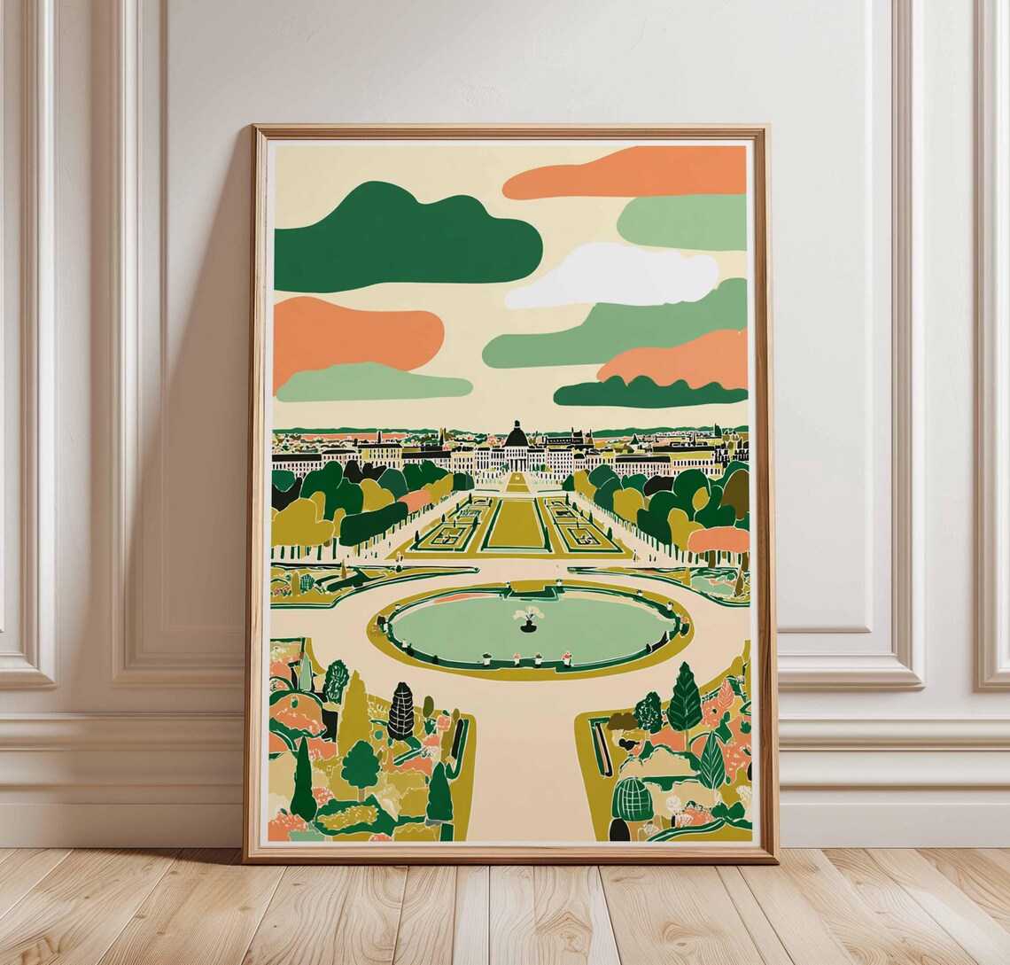 Autumn Garden Plaza Round Fountain City Skyline Travel Poster