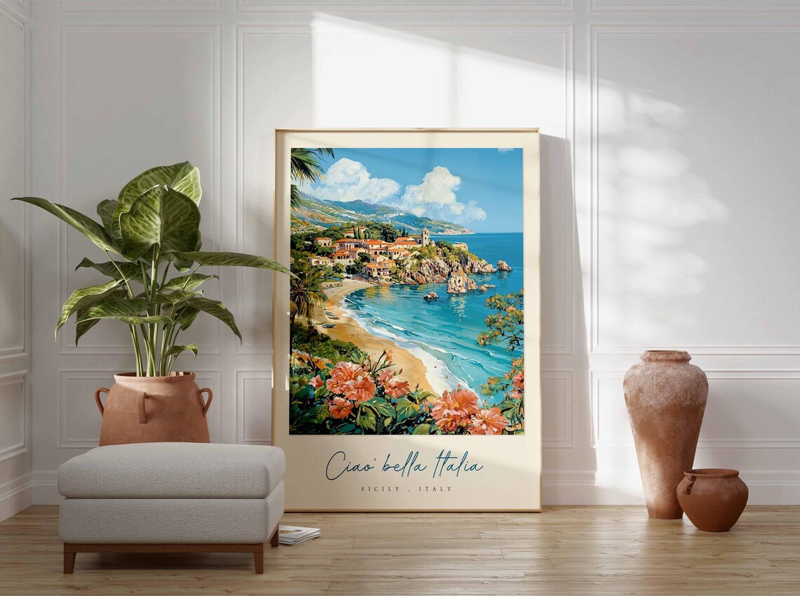 Sicily Italy Beach Resort Town Pink Blossom Framed Bay Travel Poster - Image 3