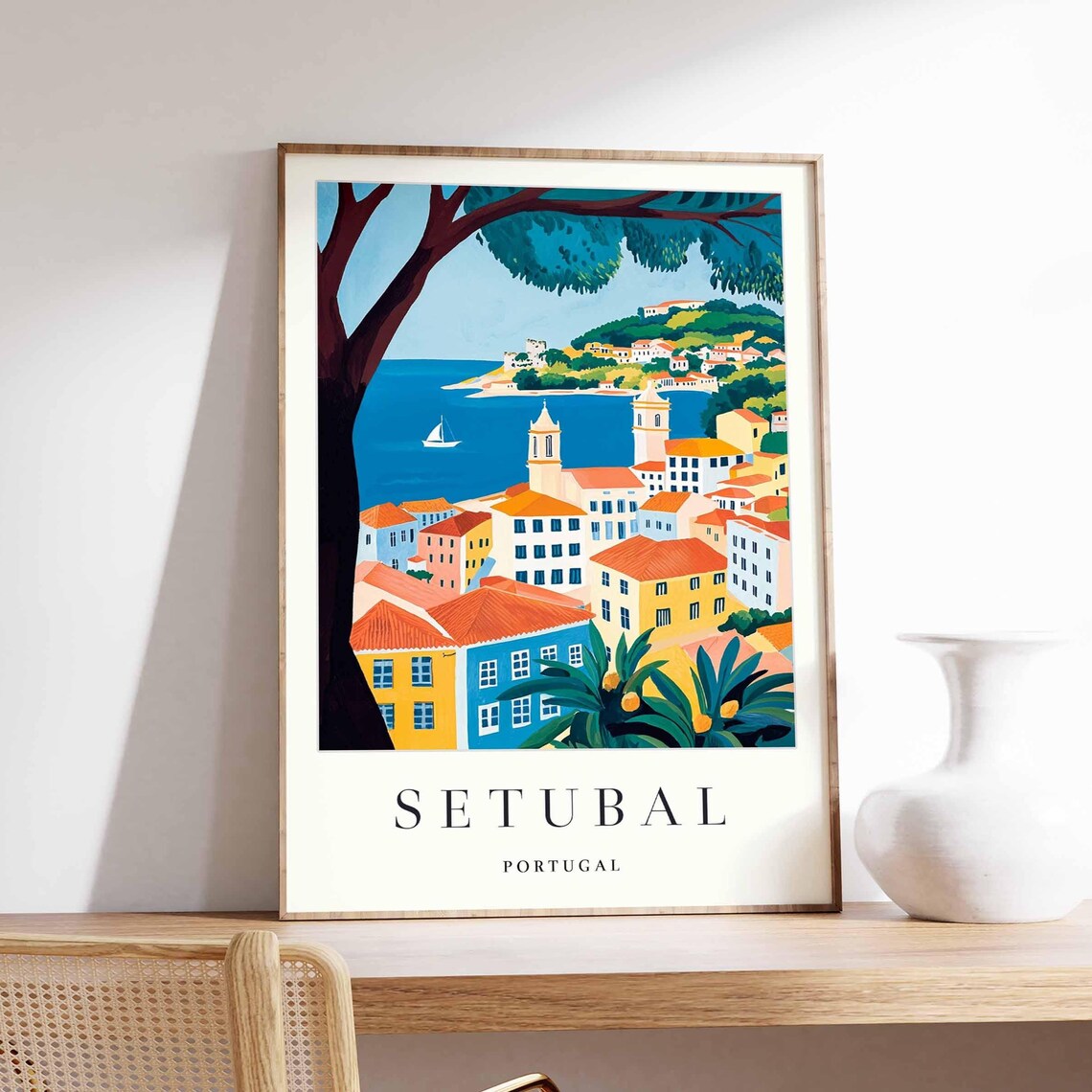 Setubal Portugal Coastal Town Sailboat And Bell Towers Poster