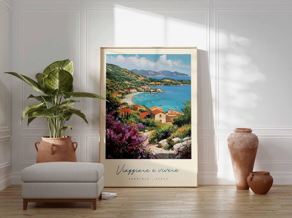 Sardinia Italy Coastal Bay Sailboats Watercolor Travel Poster - Image 3