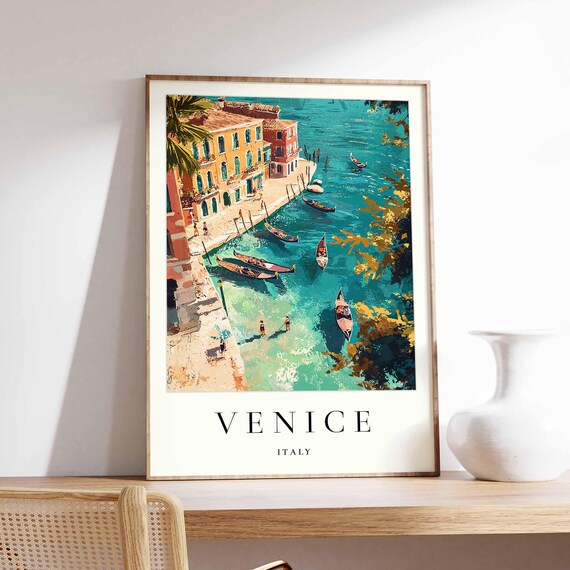 Venice Italy Gondolas on Emerald Lagoon Aerial View Travel Poster