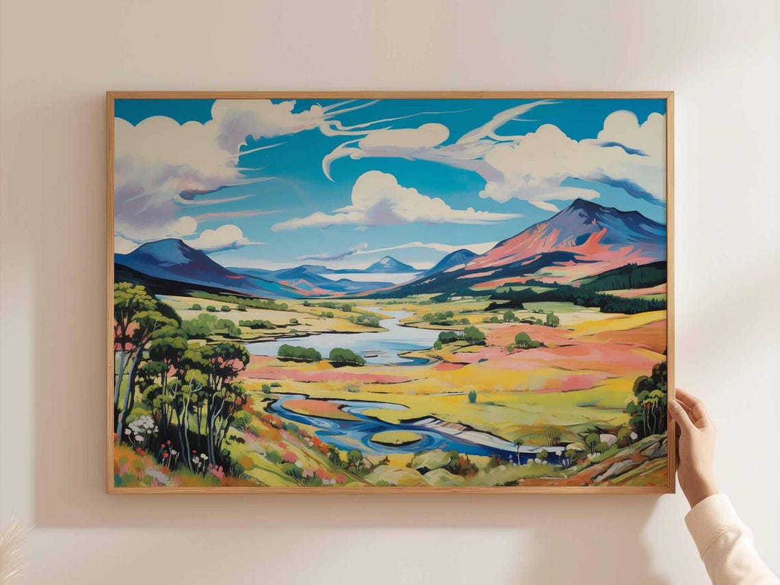 Cairngorms Winding River Valley Purple Peaks Colorful Painting Poster