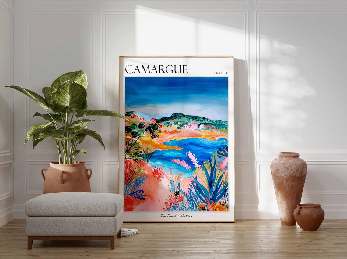 Camargue France Colorful Coastal Wetland Pink and Blue Poster - Image 3