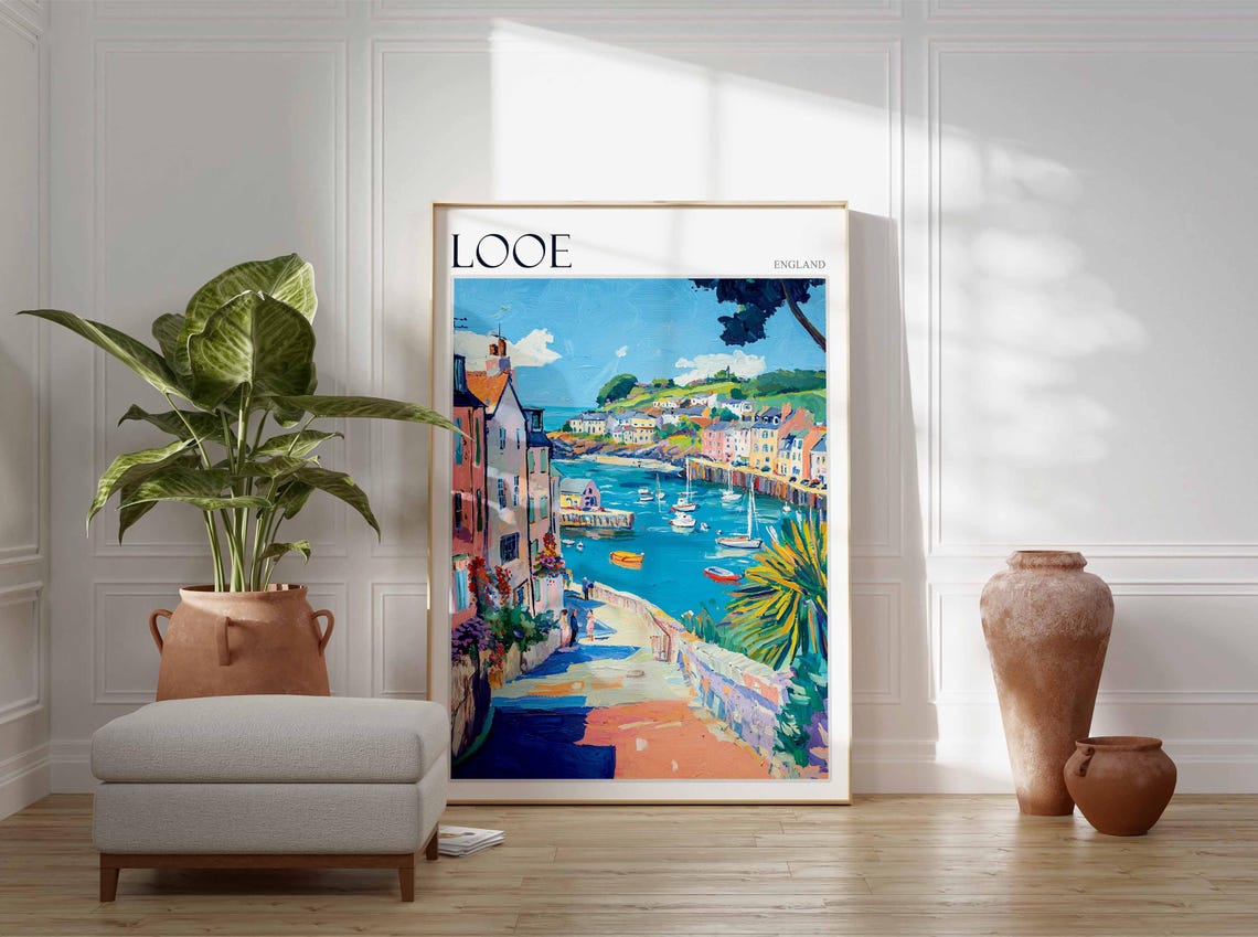 Looe England Coastal Path Palm Tree Boats Picturesque Bay Poster - Image 3