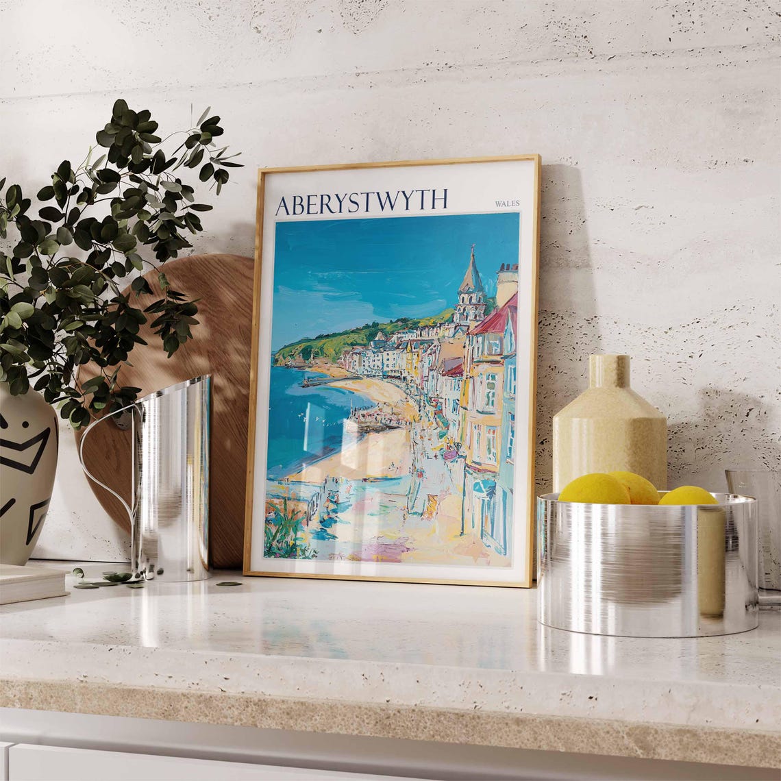 Aberystwyth Wales Seafront Bay Church Tower Painterly Travel Poster - Image 2