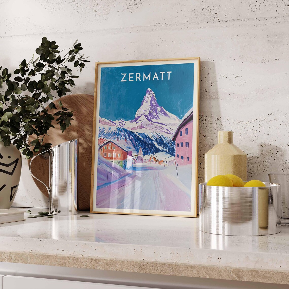 Zermatt Matterhorn Purple Village Street Winter Scene Art Poster - Image 2
