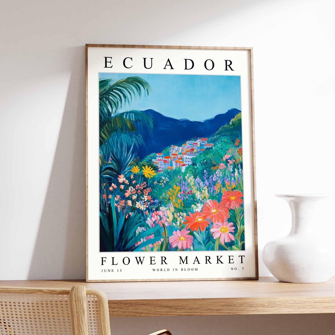 Ecuador Flower Market Blue Mountain Town Coral Daisy Field Poster