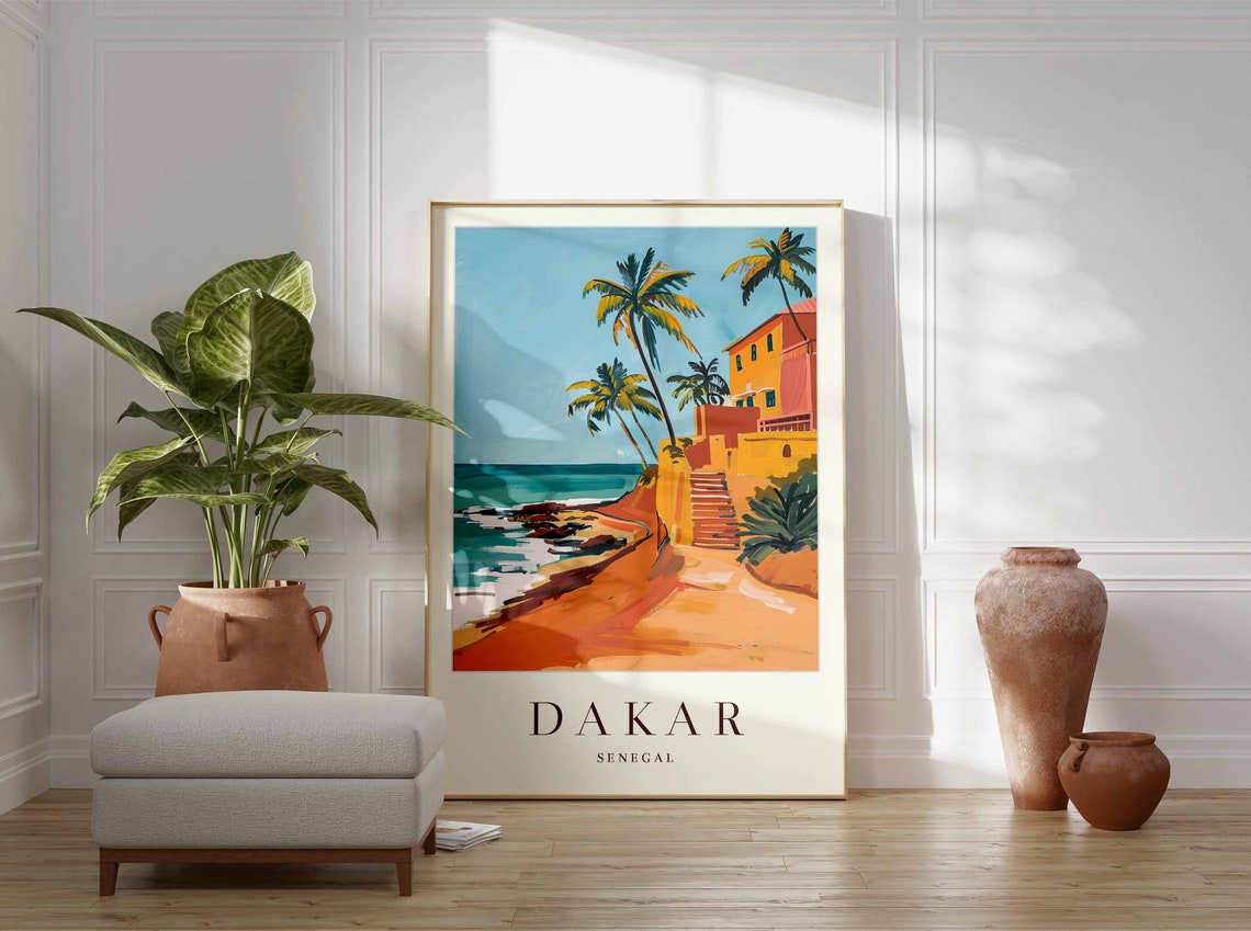 Dakar Senegal Vibrant Palm Trees Stairway Rocky Coast Travel Poster - Image 3