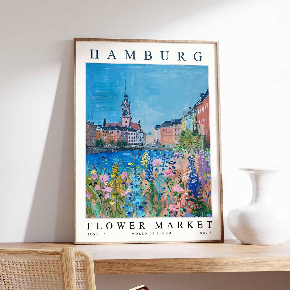 Hamburg Flower Market Tall Church Spire Pink Meadow City Scene Poster