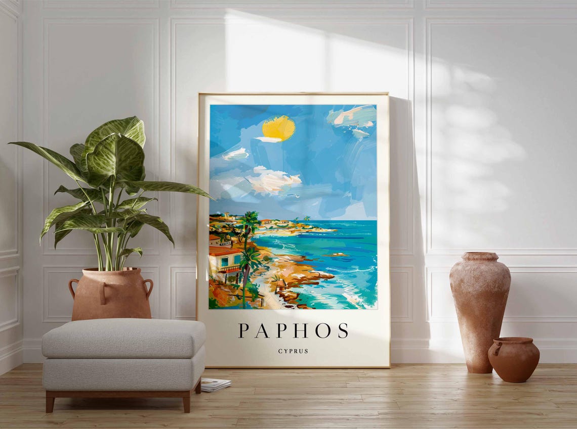 Paphos Cyprus Sunny Mediterranean Coast Palm Trees Beach Houses Poster - Image 4