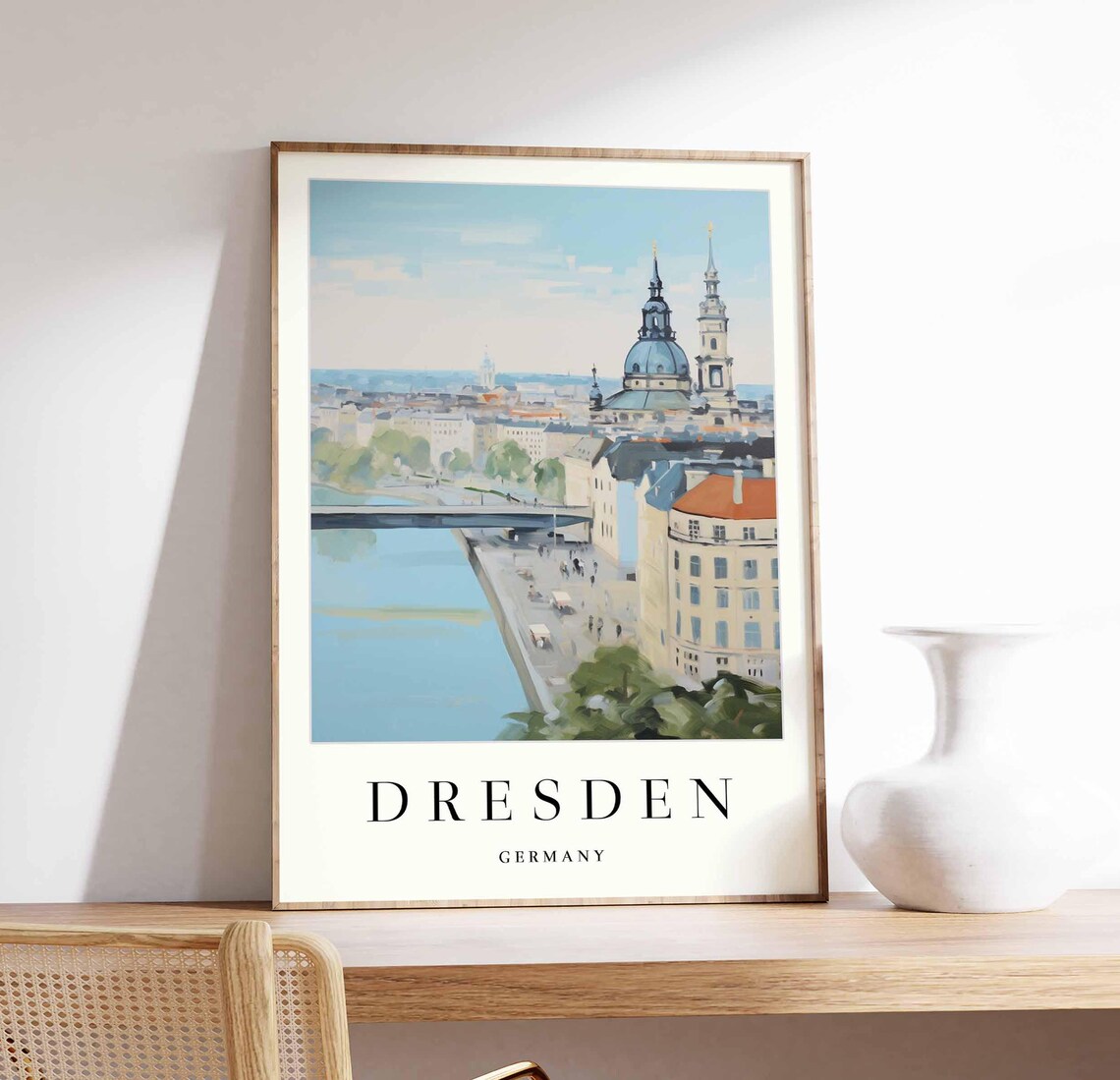Dresden Germany Church Towers Stone Bridge Elbe Skyline Art Poster