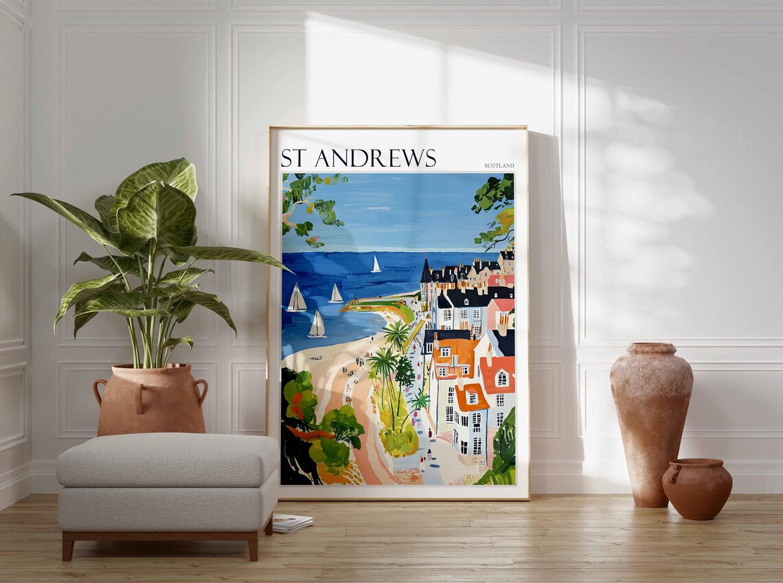 St Andrews Scotland Sunny Sailboats Palm Beach Town View Poster - Image 2