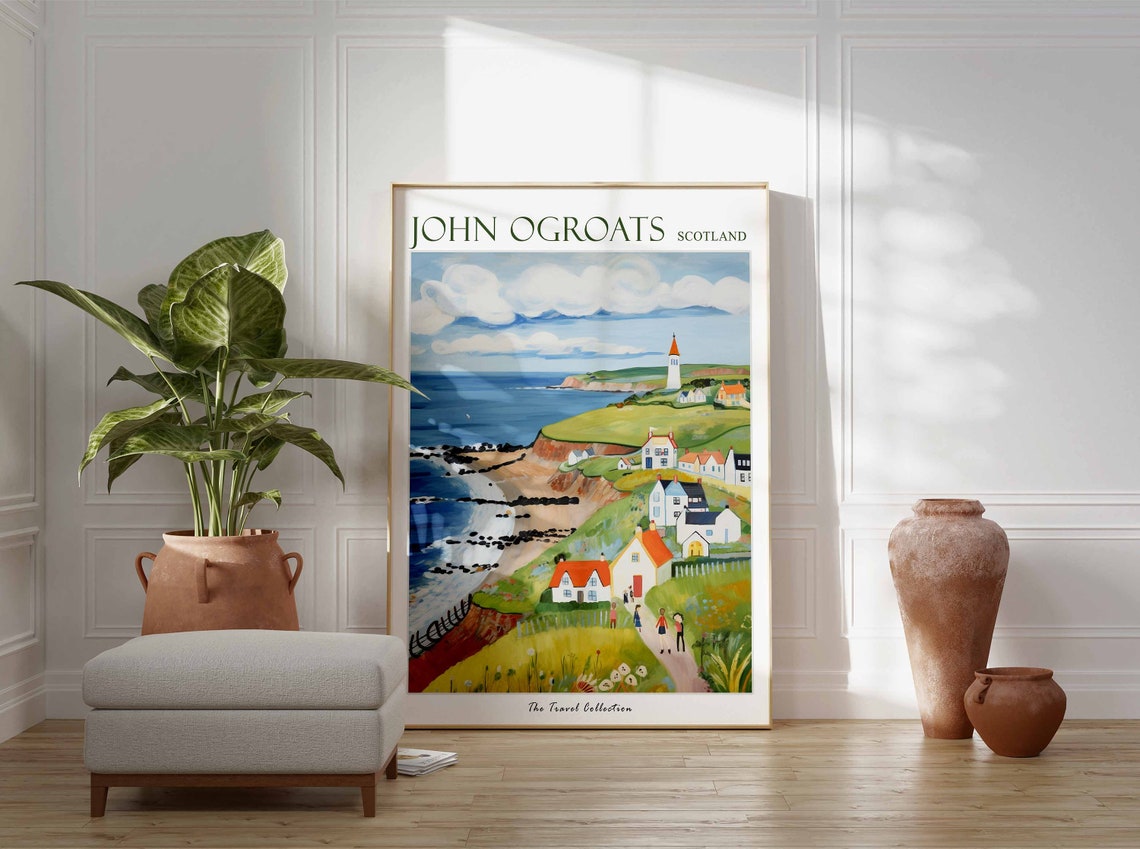 John Ogroats Scotland Lighthouse Cliffs and Pastel Cottages Poster - Image 3