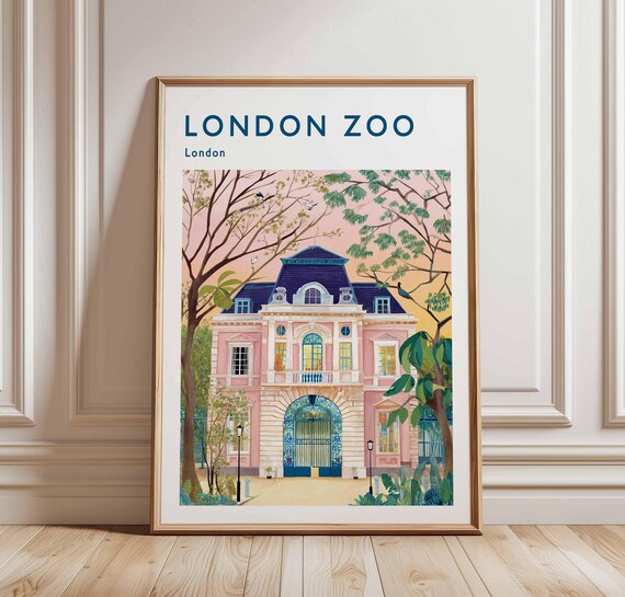 London Zoo Pink Gatehouse Entrance Vintage Travel Poster London Landmark Art