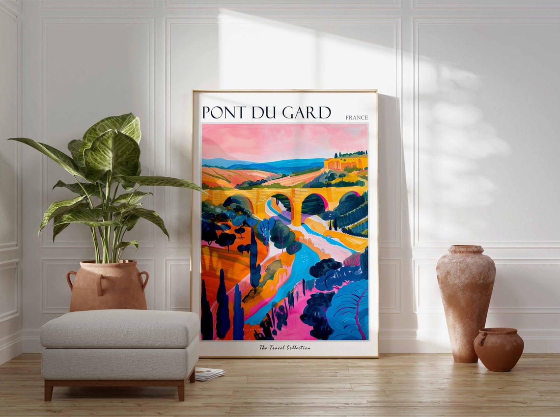 Pont Du Gard Poster France Travel Print French Decor Europe Travel Poster European Wall Art Botanical Print Pont Du Gard Travel Poster - Image 3