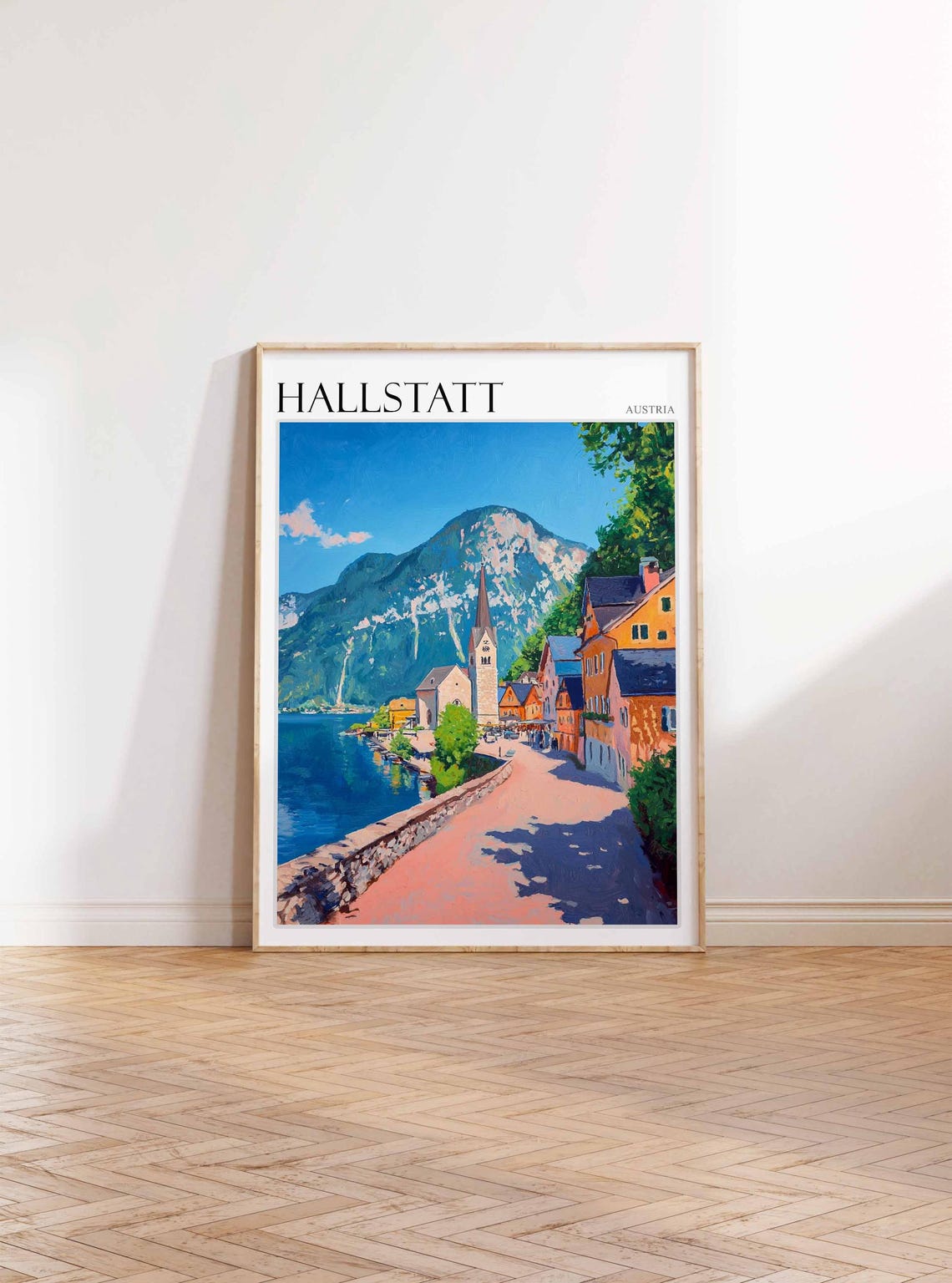 Hallstatt Austria Lakeside Promenade Summer Day Painting Poster - Image 3