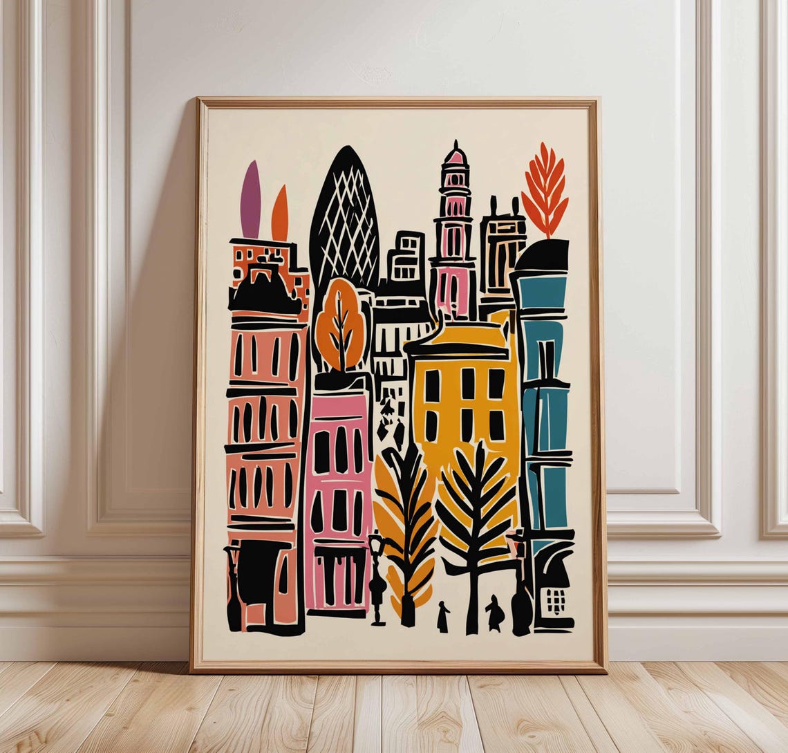 London Skyline Colorful Retro Illustration Gherkin City Poster