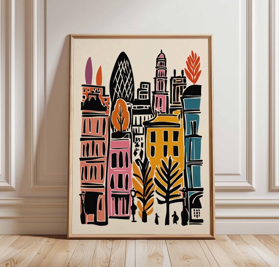 London Skyline Colorful Retro Illustration Gherkin City Poster