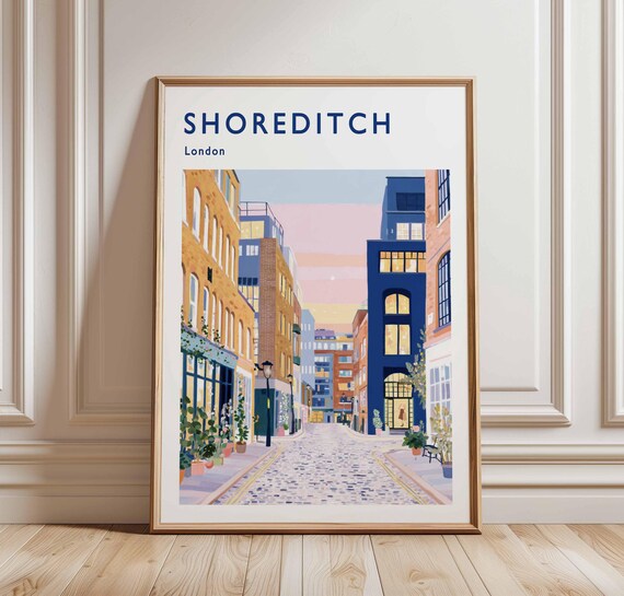 Shoreditch London Cobblestone Lane Dusk Street Travel Poster