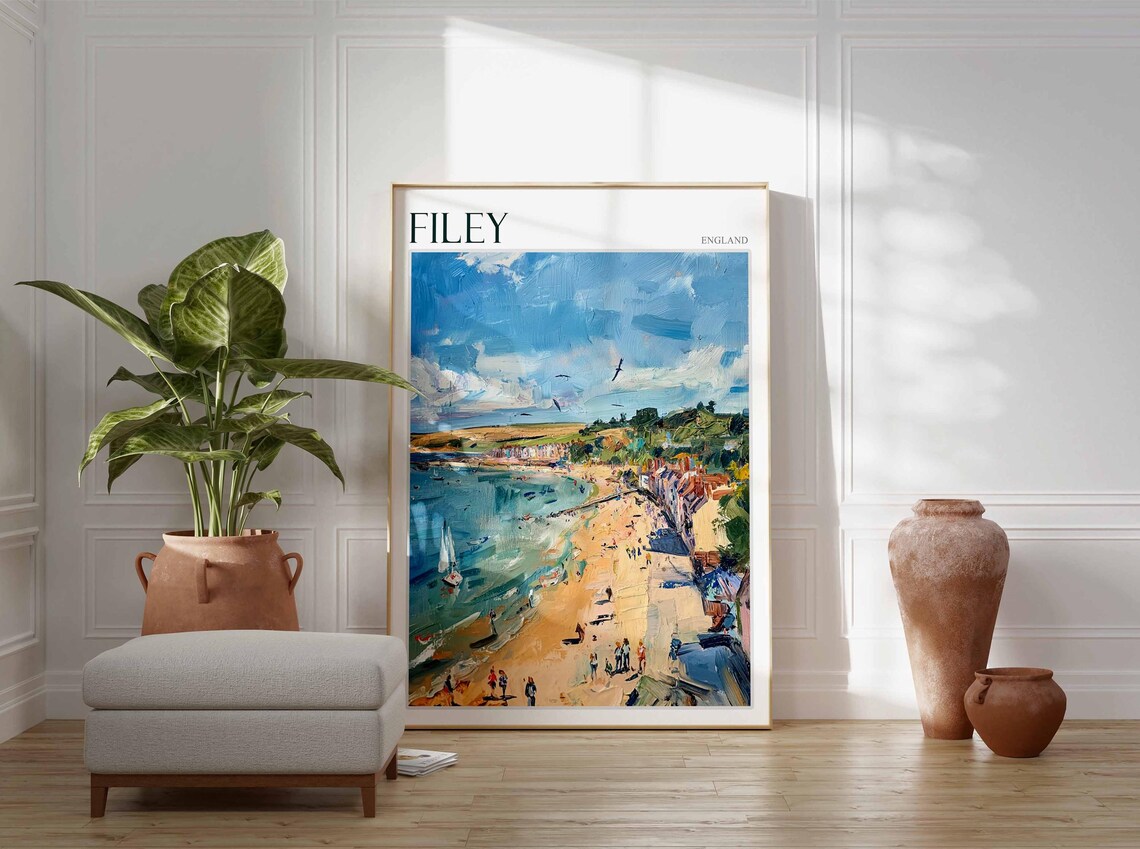Filey England Beach Swimmers Sailboats Impressionist Blue Painting Poster - Image 3