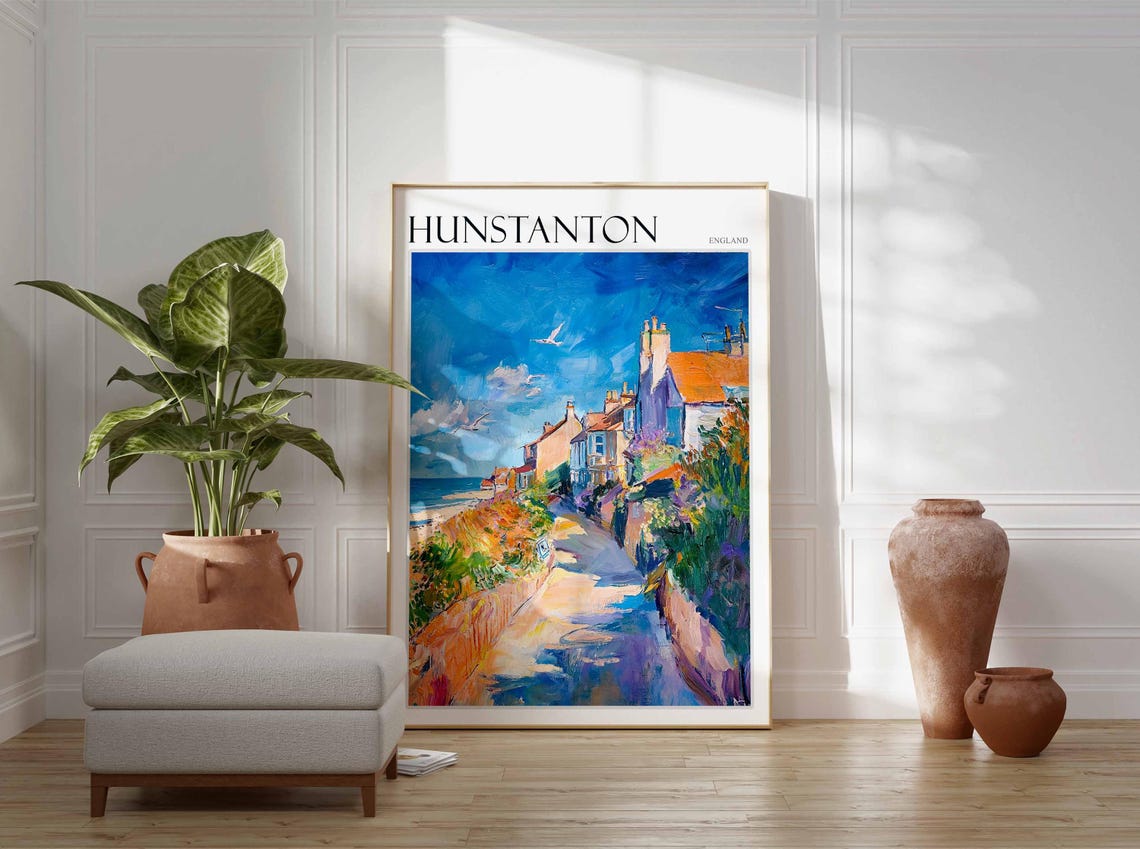 Hunstanton England Sunlit Coastal Path Cottages Seagulls Poster - Image 3