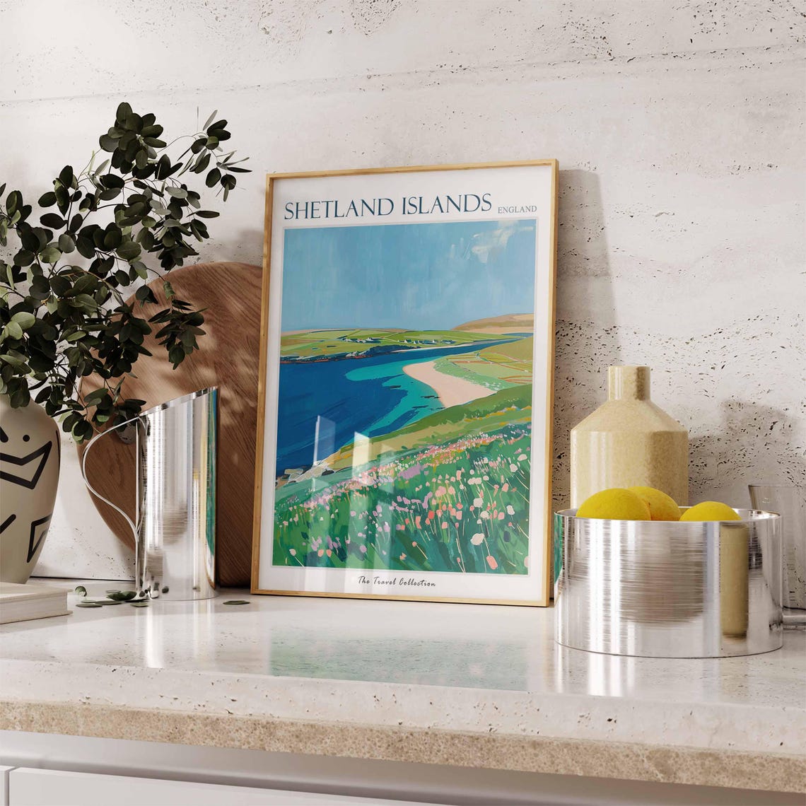 Shetland Islands Sandy Beach Deep Blue Sea Wildflower Travel Poster - Image 3