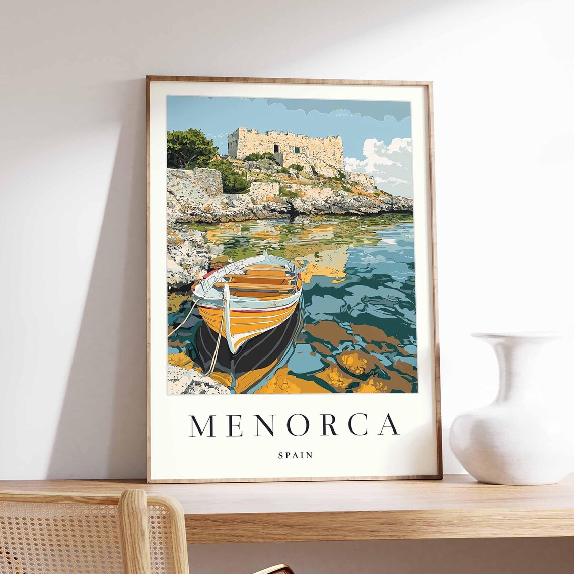 Menorca Spain Castle Ruins Wooden Boat Shore Scene Art Poster