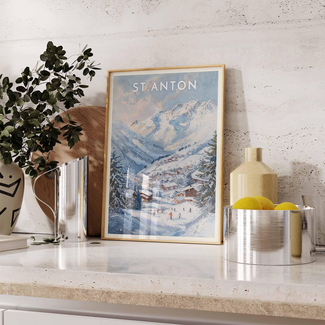 St. Anton Austria Blue Watercolor Panoramic Village Resort Poster - Image 2